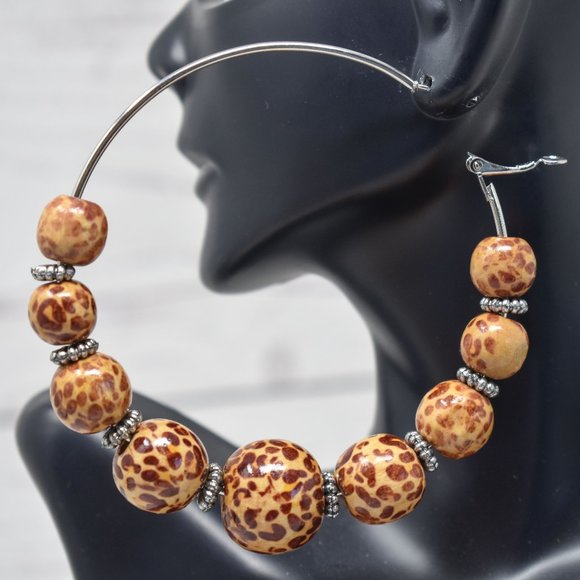 Oversized Wood Leopard Print Bead Hoop Earrings - Picture 1 of 11